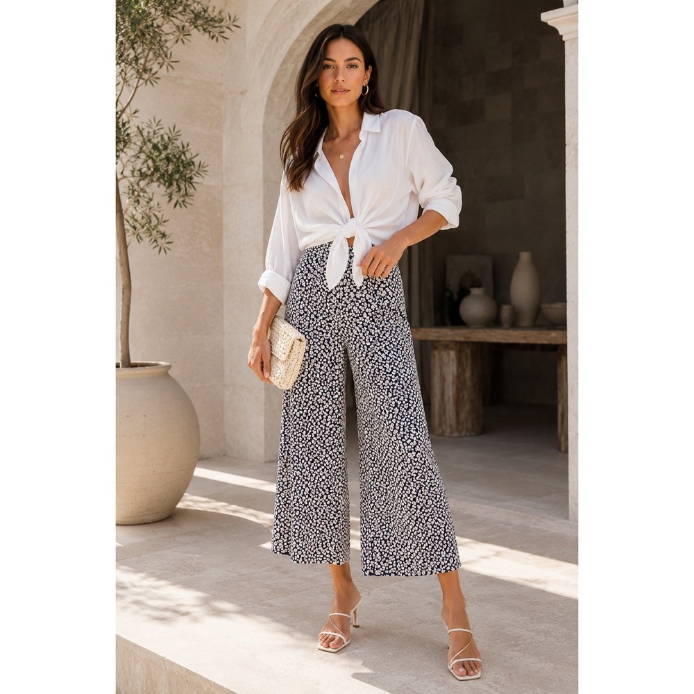 Reformation Coco Wide Leg Pants Women 4 Navy‎ White Crop Quito